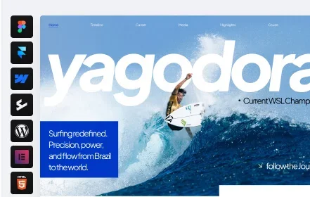 Design de site personalizado para o surfista profissional Yago Dora, com menu de navegação e ícones de redes sociais. Exemplo de web design para portfólios de atletas.